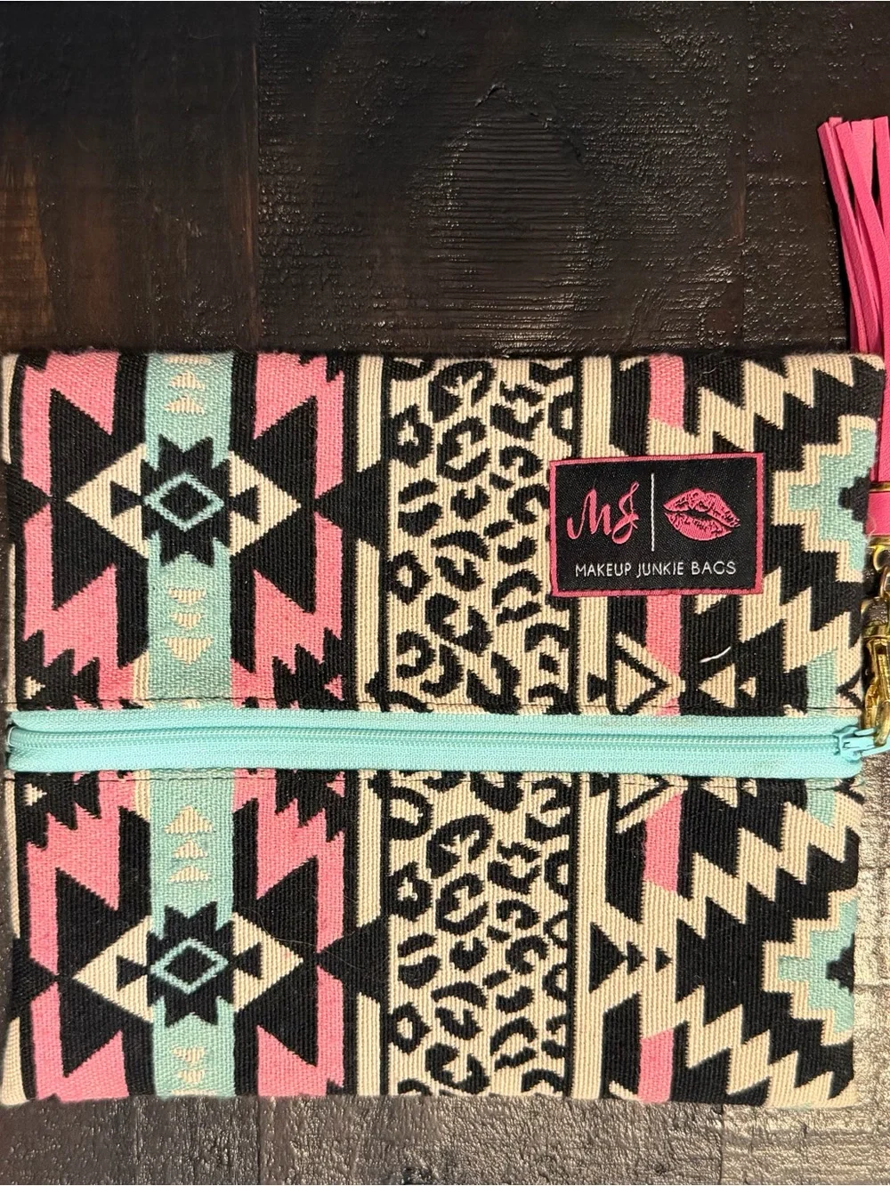 Makeup Junkie - Small Tribal Print Cosmetic Pouch in Pink & Mint